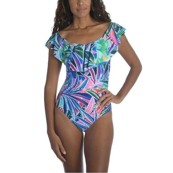 La Blanca Women Tropical Off the Shoulder Ruffle One-Piece Swimsuit Size US 4 - Picture 2 of 4